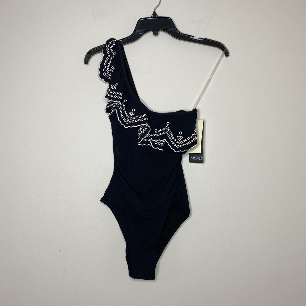 Profile By Gottex Sz 6 Ruffle Embroidered One Shoulder One Piece Black Swimsuit - Picture 3 of 16